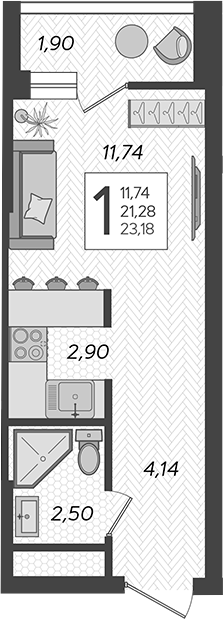Студия, 21.28 м², 11/19 этаж, ЖК «Кислород»