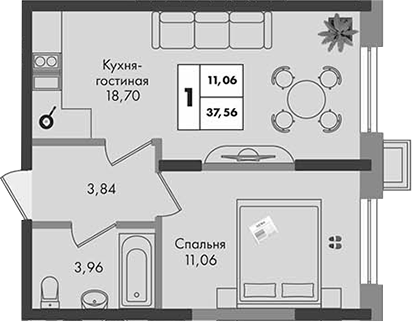 1-комн., 37.56 м², 2/9 этаж, ЖК «Зеленая территория»
