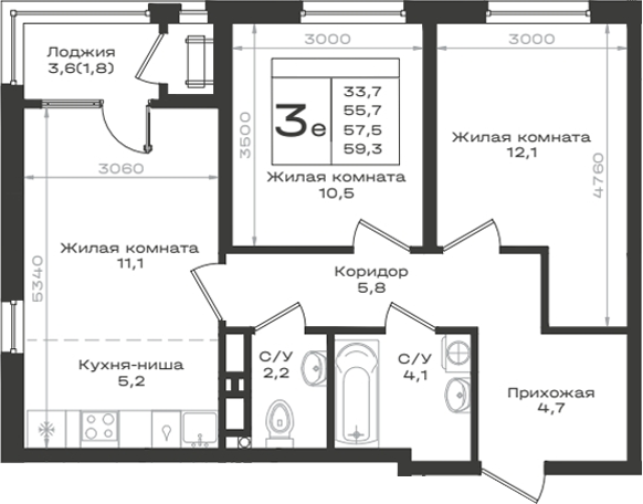 3-комн., 55.7 м², 10/12 этаж, ЖК «Нагория»