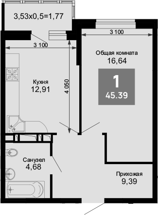 Продается 1-комн. квартира, 43.62 м²