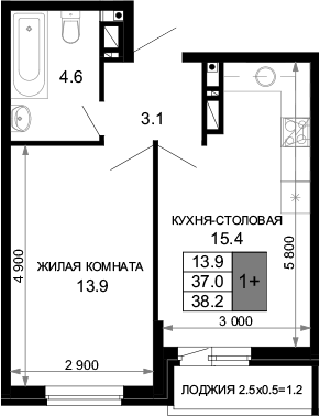 2-комн., 37 м², 12/16 этаж, ЖК «Дыхание»