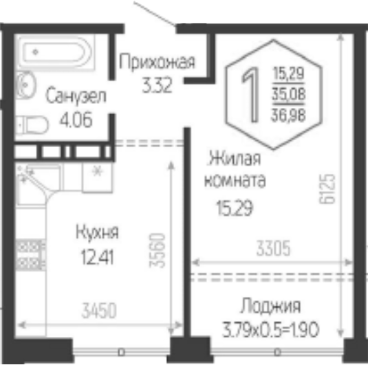 1-комн., 35.08 м², 7/24 этаж, ЖК «Гарантия PRIME»