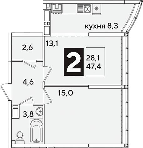2-комн., 47.4 м², 15/16 этаж, ЖК «Самолет»