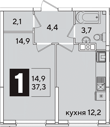 1-комн., 37.3 м², 6/16 этаж, ЖК «Самолет»
