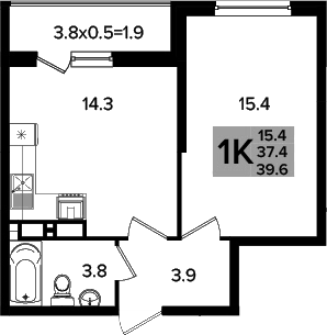 1-комн., 37.4 м², 15/16 этаж, ЖК «Сармат»