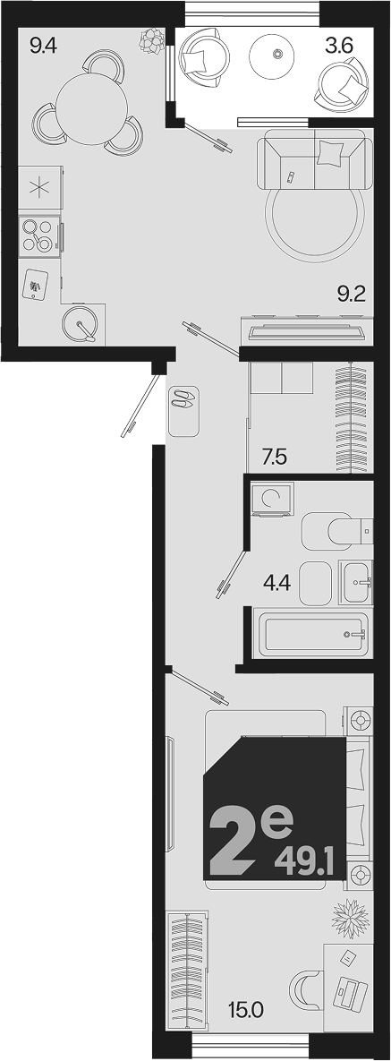 2-комн., 45.4 м², 2/9 этаж, ЖК «Первое место»