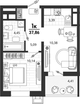 1-комн., 33.45 м², 4/18 этаж, ЖК «Родные Просторы»