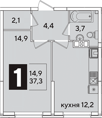1-комн., 37.3 м², 5/16 этаж, ЖК «Самолет»