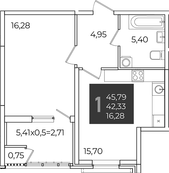1-комн., 42.33 м², 2/21 этаж, ЖК «Образцово»