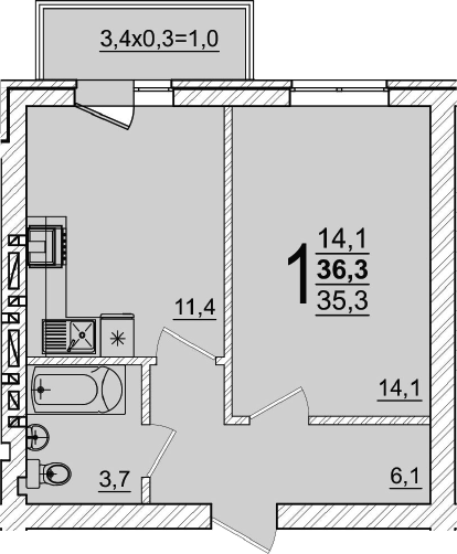 1-комн., 35.3 м², 5/5 этаж, ЖК «Дарград»