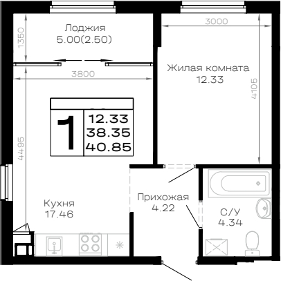1-комн., 38.35 м², 3/4 этаж, ЖК «Усадьба Гостагаевская»