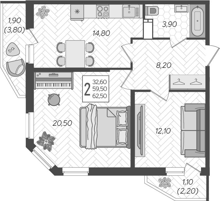 2-комн., 59.5 м², 10/16 этаж, ЖК «Зеленодар»