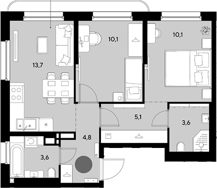 2-комн., 51 м², 13/16 этаж, ЖК «Грейд»