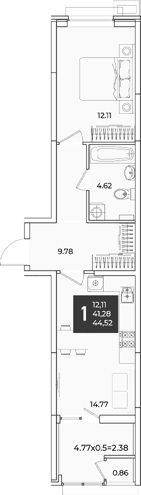 1-комн., 41.28 м², 2/18 этаж, ЖК «Образцово»