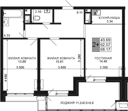 Продается 3-комн. квартира, 62.57 м²