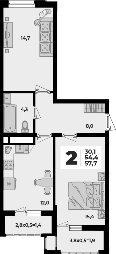 2-комн., 54.4 м², 5/8 этаж, ЖК «Родной дом 5»