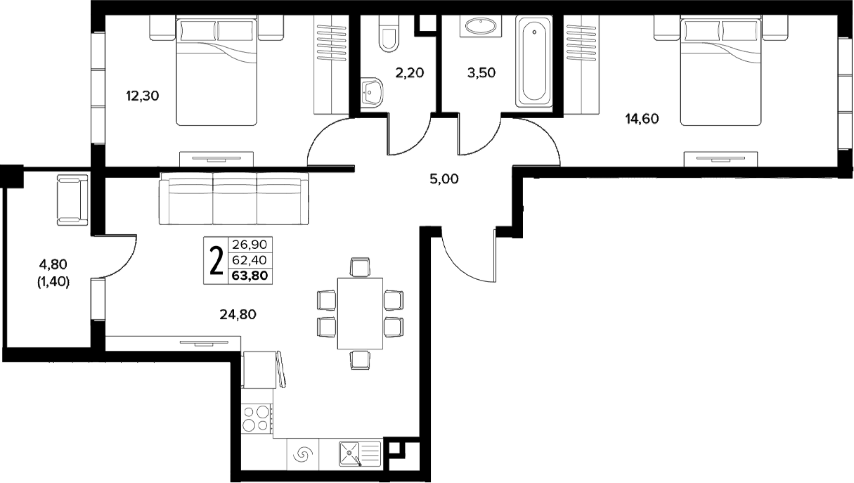 2-комн., 62.4 м², 1/6 этаж, ЖК «Кипарис»
