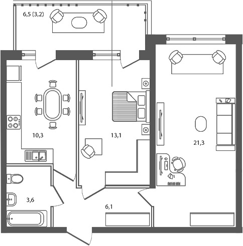 2-комн., 54.4 м², 5/7 этаж, ЖК «Сиреневый бульвар»