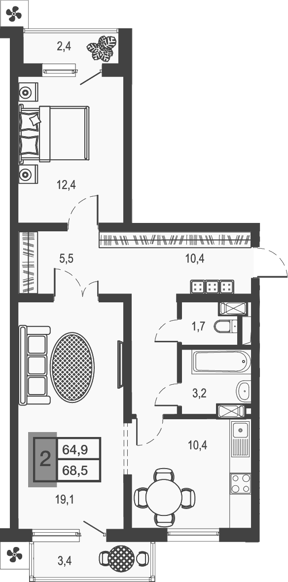 2-комн., 62.68 м², 18/21 этаж, ЖК «Дом у озера»