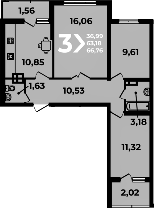 3-комн., 63.18 м², 14/19 этаж, ЖК «Аксиома»