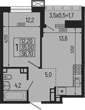 2-комн., 35 м², 5/9 этаж, ЖК «Звезды»