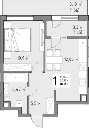 1-комн., 32.93 м², 3/15 этаж, ЖК «Коллекция»