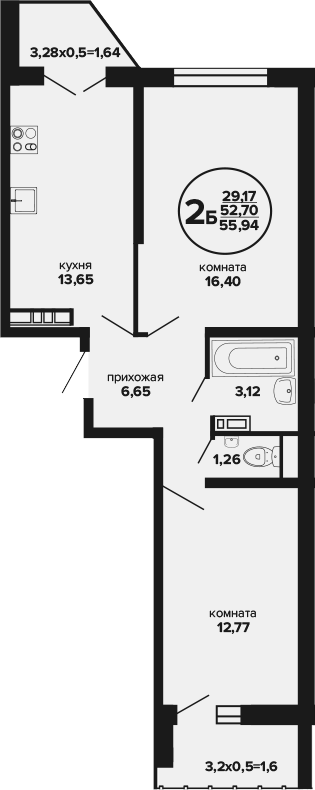2-комн., 52.7 м², 24/24 этаж, ЖК «Гулливер»