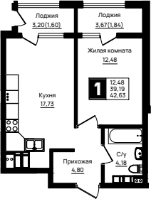 1-комн., 39.19 м², 10/18 этаж, ЖК «Резиденция морей»