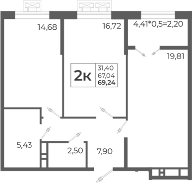3-комн., 69.98 м², 8/8 этаж, ЖК «Высочество»