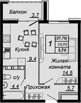 1-комн., 34 м², 10/16 этаж, ЖК «Чайные Холмы»