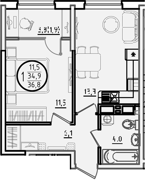1-комн., 34.9 м², 14/18 этаж, ЖК «Первое место»