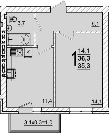 1-комн., 35.3 м², 5/5 этаж, ЖК «Дарград»