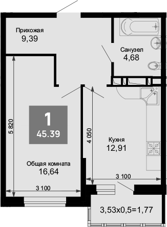 1-комн., 43.62 м², 6/15 этаж, ЖК «Лучший»