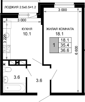 1-комн., 35.4 м², 14/16 этаж, ЖК «Дыхание»
