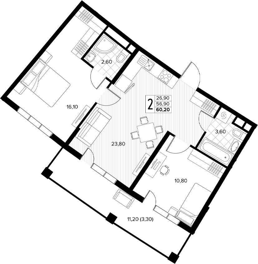 2-комн., 56.9 м², 7/8 этаж, ЖК «Кипарис»