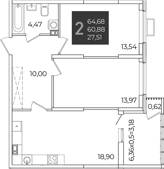2-комн., 60.88 м², 5/21 этаж, ЖК «Образцово»