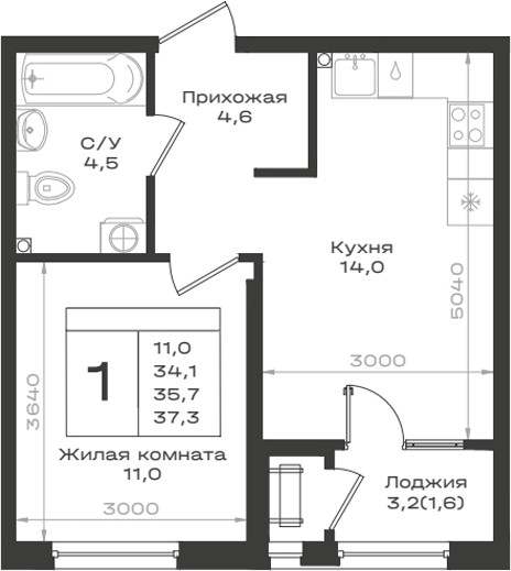 1-комн., 34.1 м², 2/9 этаж, ЖК «Нагория»