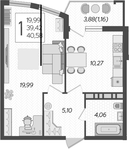 1-комн., 39.42 м², 20/21 этаж, ЖК «Режиссер»