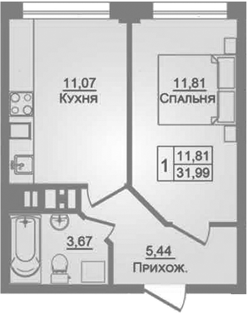 1-комн., 32 м², 1/9 этаж, ЖК «Портрет»