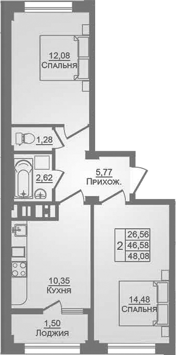 2-комн., 46.58 м², 9/9 этаж, ЖК «Портрет»