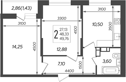 2-комн., 48.33 м², 15/16 этаж, ЖК «Смородина»