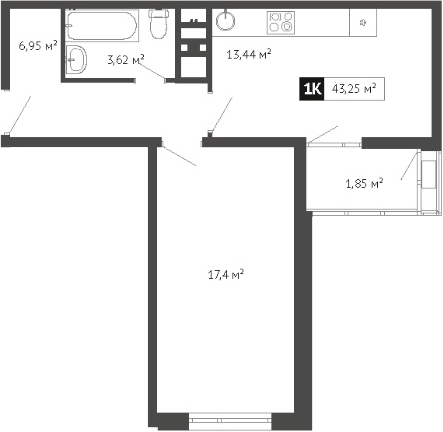 1-комн., 41.41 м², 8/16 этаж, ЖК «Парковый»