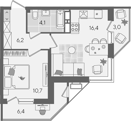 2-комн., 37.4 м², 22/24 этаж, ЖК «Рекорд»