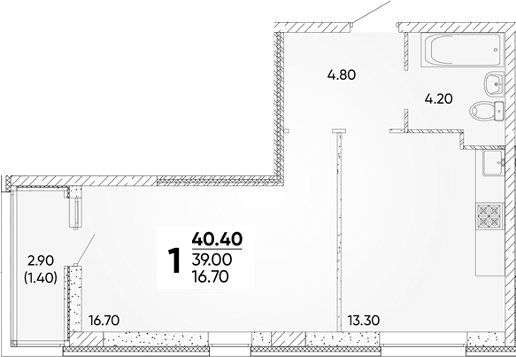 1-комн., 39.04 м², 2/18 этаж, ЖК «Архитектор. ГК ЮгСтройИнвест»