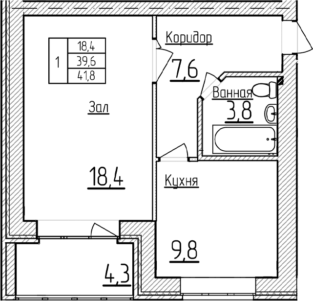 1-комн., 39.65 м², 5/5 этаж, ЖК «Фестивальный»