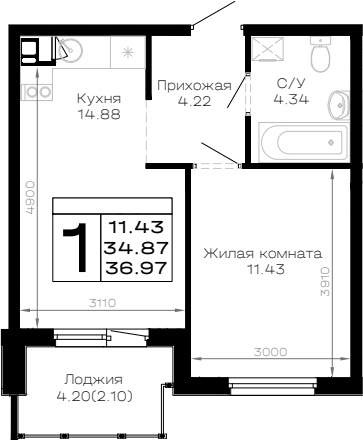 1-комн., 34.87 м², 4/4 этаж, ЖК «Усадьба Гостагаевская»