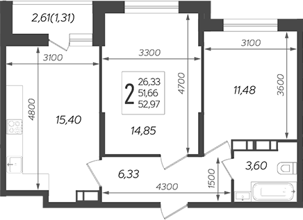 3-комн., 51.66 м², 16/19 этаж, ЖК «Смородина»