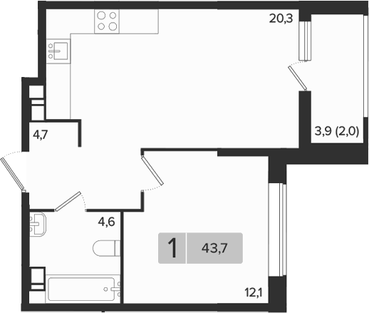 1-комн., 41.7 м², 5/9 этаж, ЖК «Эрмитаж»