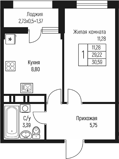 1-комн., 29.22 м², 4/10 этаж, ЖК «Ритм»