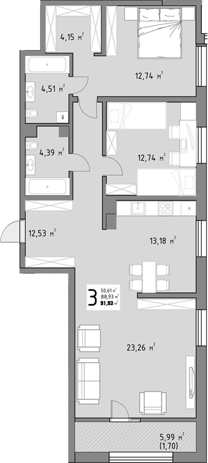 3-комн., 90.23 м², 5/9 этаж, ЖК «Коллекция»